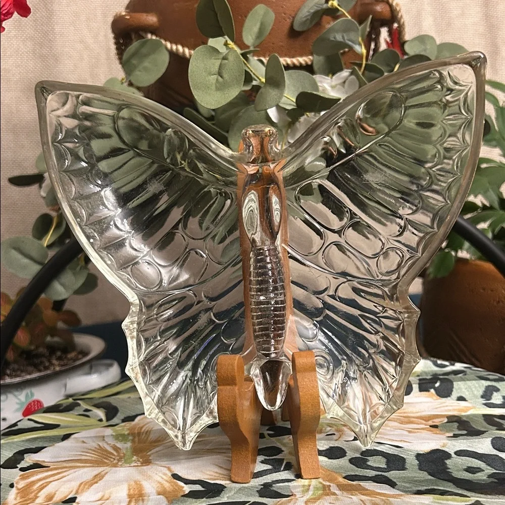 1960s Glass Butterfly Dish With Gold Rim Retro Vintage Trinket Jewelry Dish